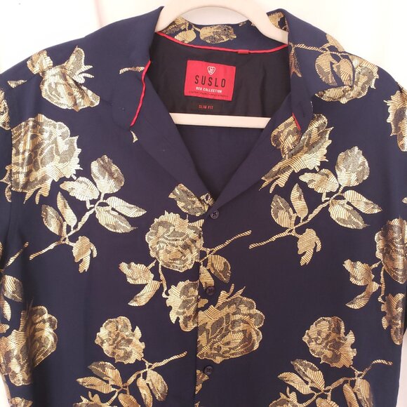 Suslo Red Collection Comfort Stretch Slim Fit Navy Blue and Gold Shiny Shirt XL - Picture 7 of 16